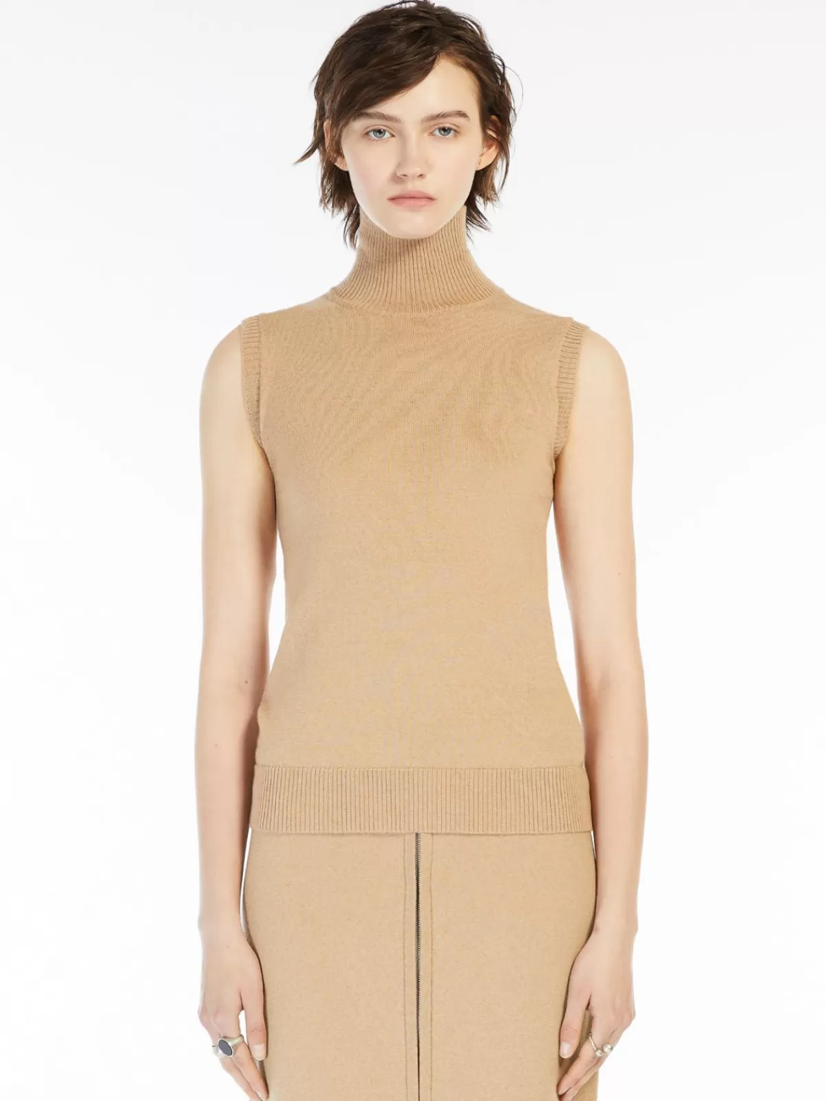 Jersey sin mangas Max Mara con cuello cisne - Tono camel natural