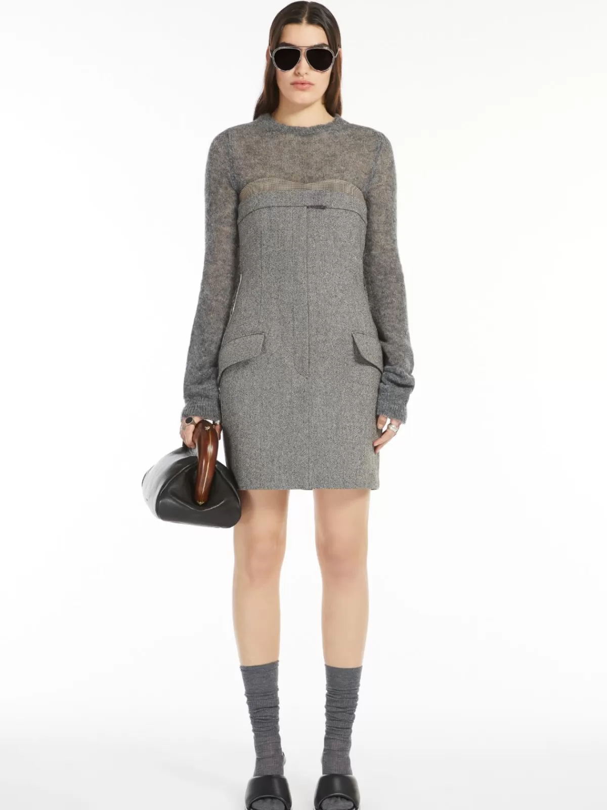 Jersey cuello redondo Max Mara en alpaca elástica y lana - Gris medio tejido premium