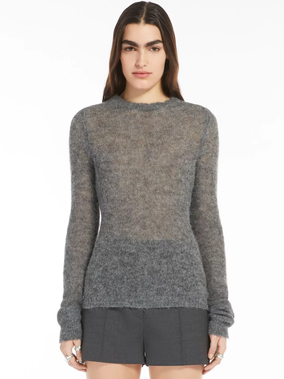 Jersey cuello redondo Max Mara en alpaca elástica y lana - Gris medio tejido premium