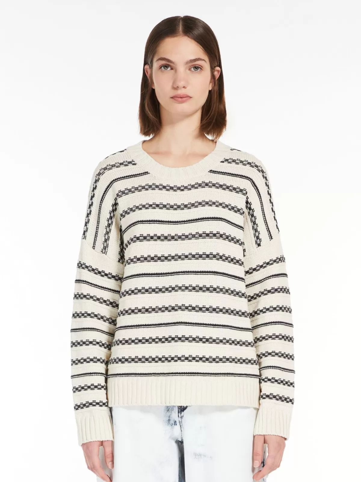 Suéter clásico de rayas Max Mara en hilo de algodón suave - Azul Marino