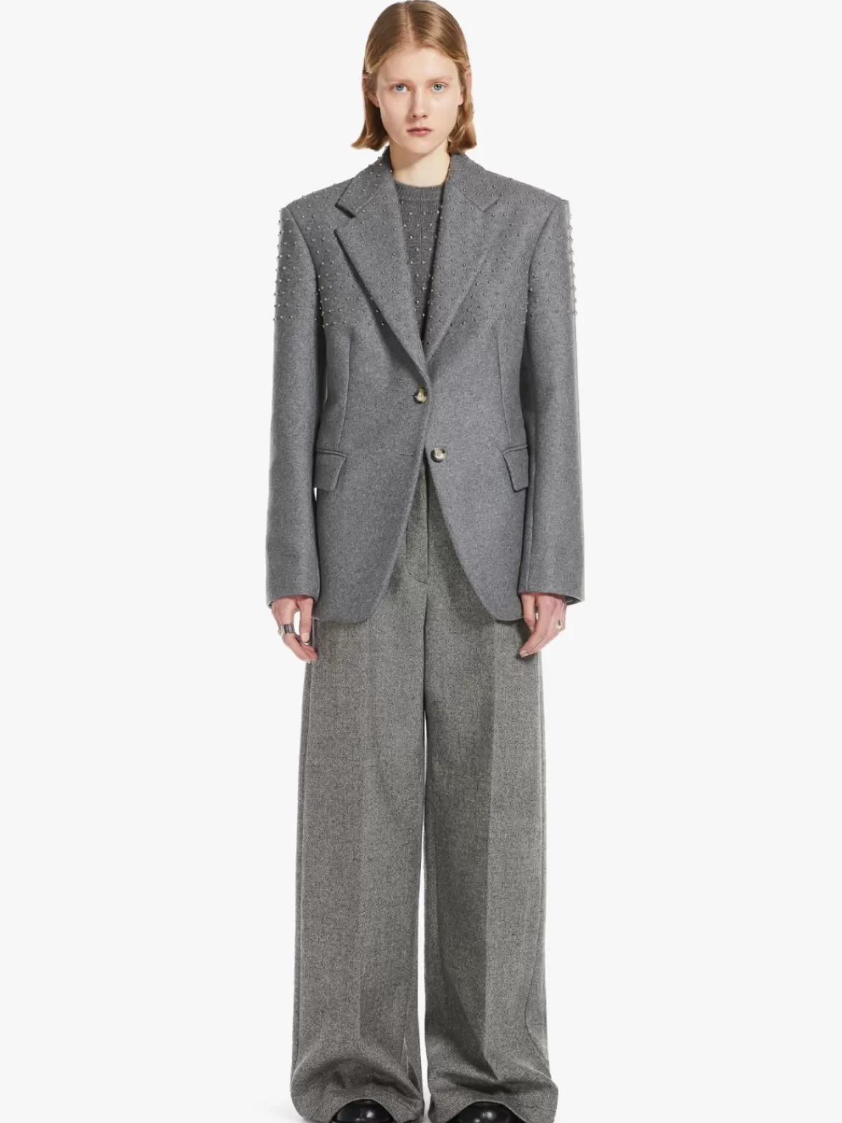 Suéter clásico de cuello redondo en mezcla de cachemir con tachuelas metálicas - Gris oscuro by Max Mara