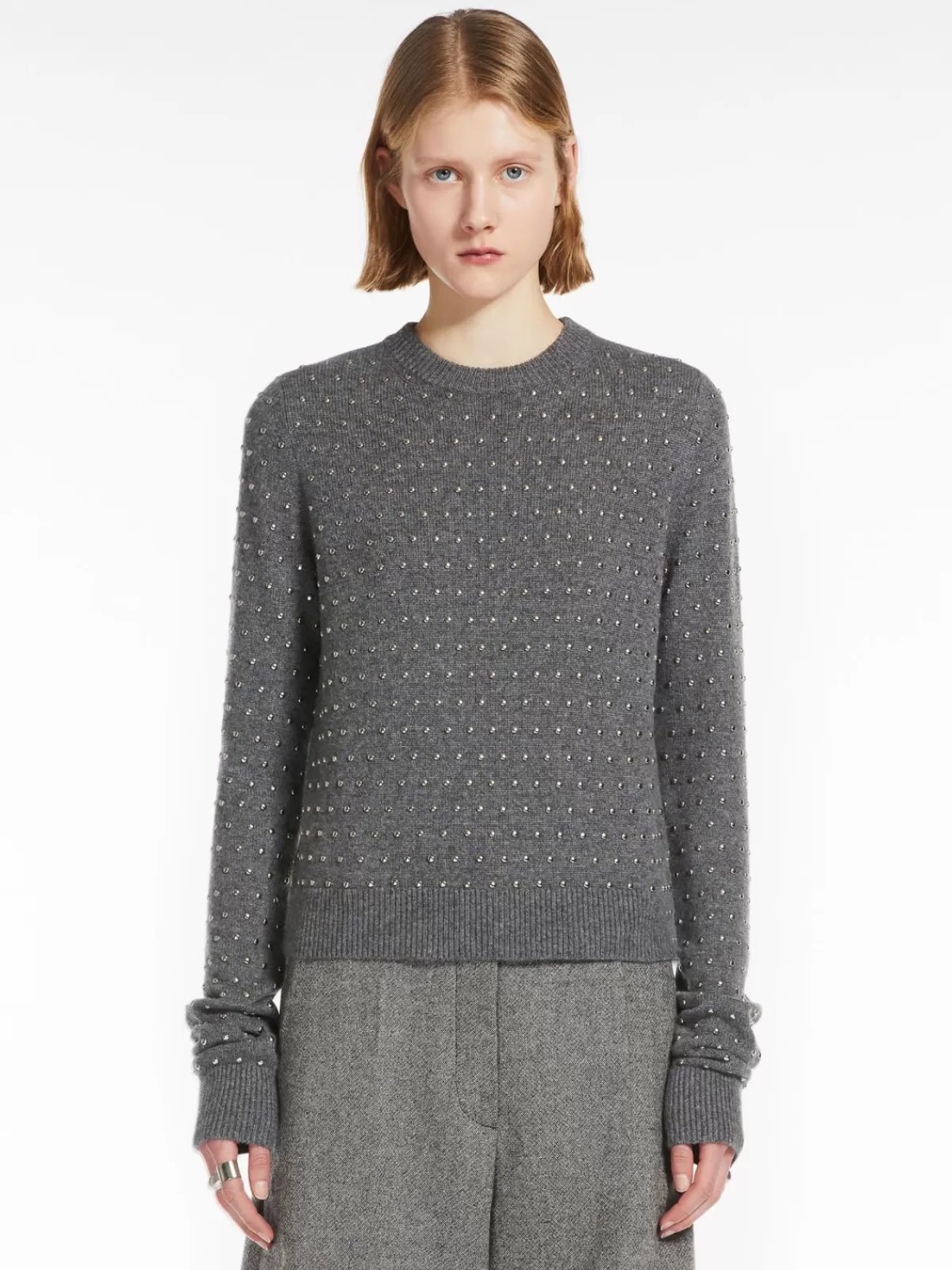 Suéter clásico de cuello redondo en mezcla de cachemir con tachuelas metálicas - Gris oscuro by Max Mara