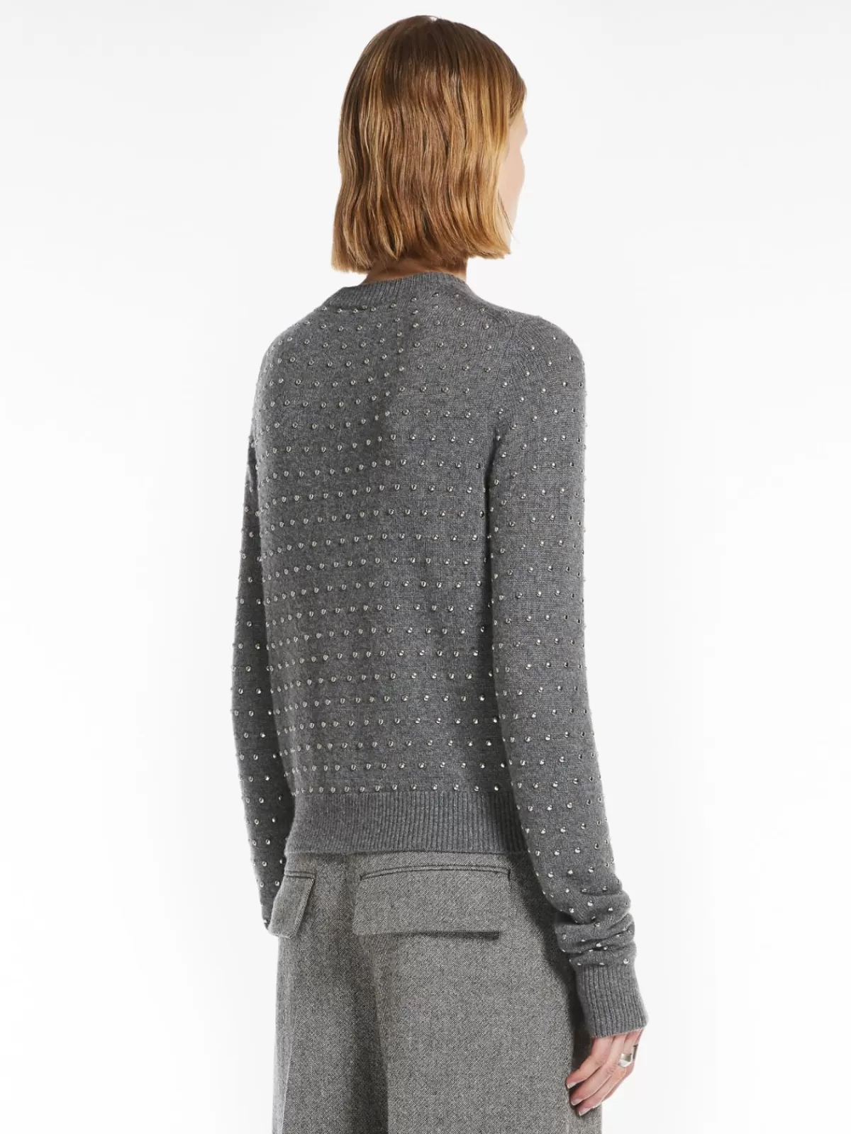 Suéter clásico de cuello redondo en mezcla de cachemir con tachuelas metálicas - Gris oscuro by Max Mara