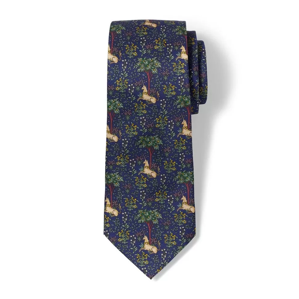 Corbata de seda con unicornio en jardín florido - Diseño exclusivo de The Met para complementos elegantes