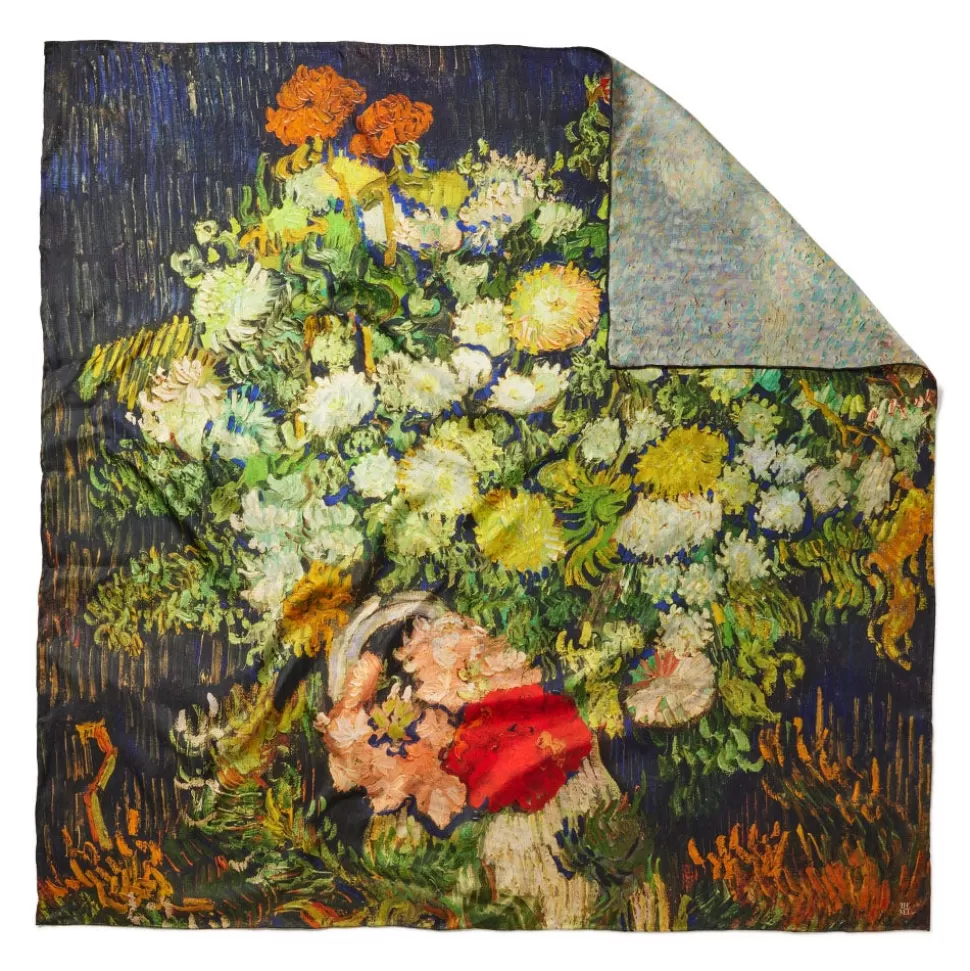 Pañuelo de Seda Cuadrado Inspirado en Van Gogh - Estampado Botánico Galería Met (Reversible)