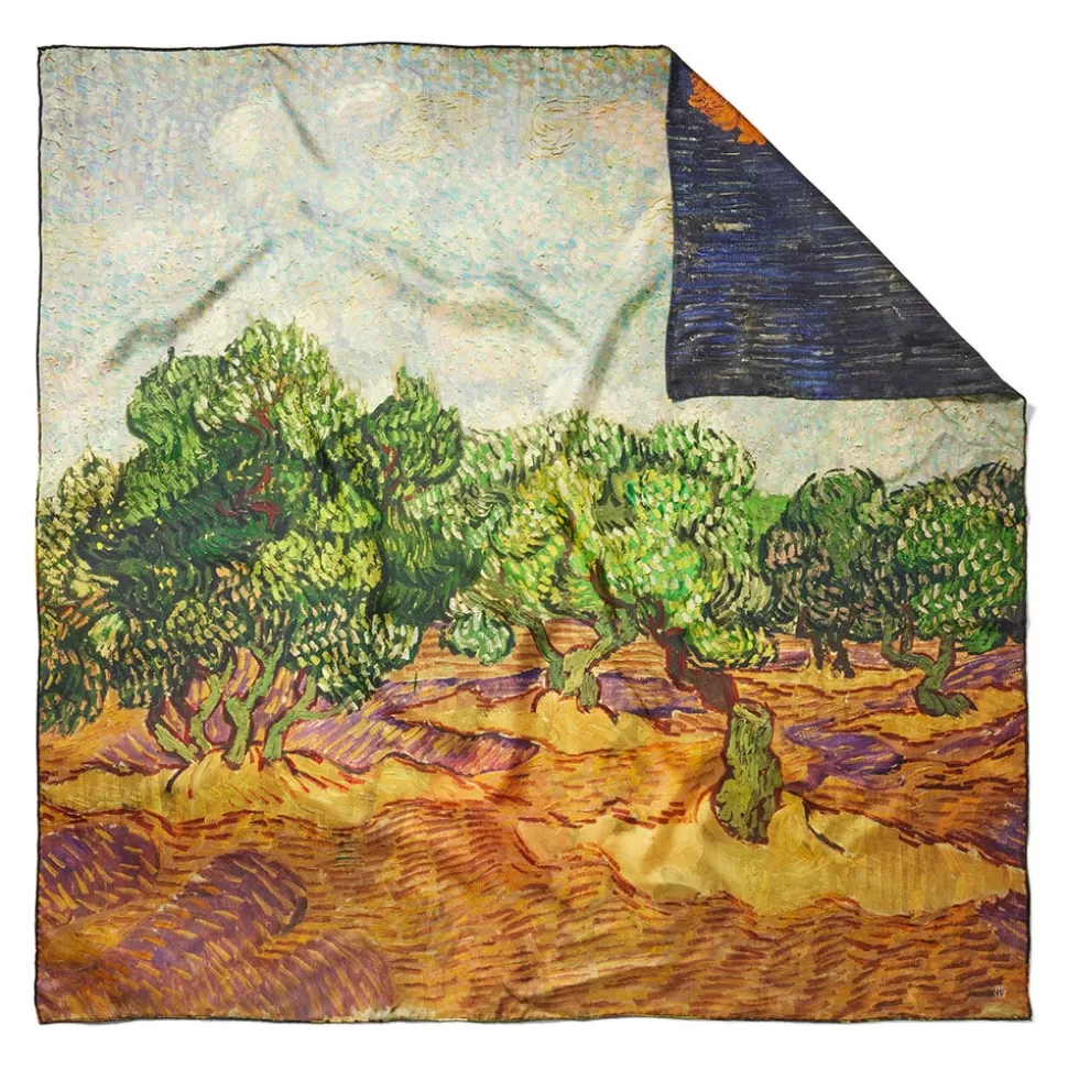 Pañuelo de Seda Cuadrado Inspirado en Van Gogh - Estampado Botánico Galería Met (Reversible)