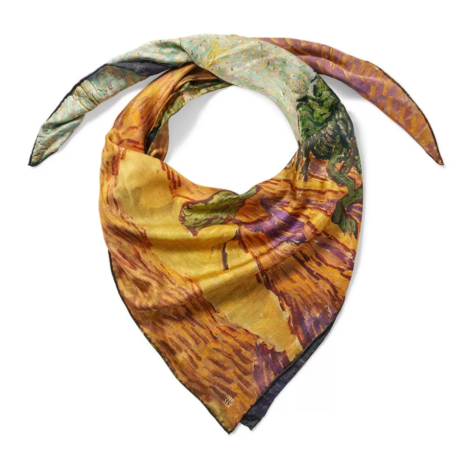 Pañuelo de Seda Cuadrado Inspirado en Van Gogh - Estampado Botánico Galería Met (Reversible)
