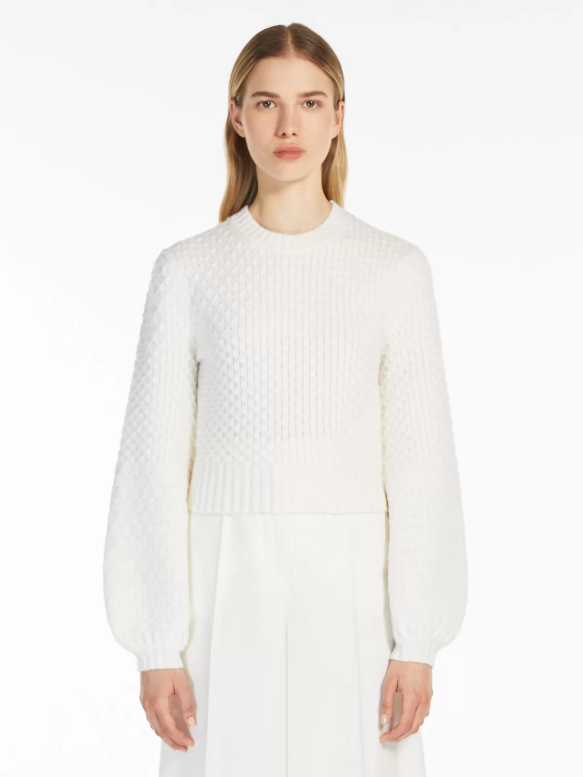 Jersey de invierno Max Mara en lana y cachemir - Blanco hueso con detalles de bordado artesanal