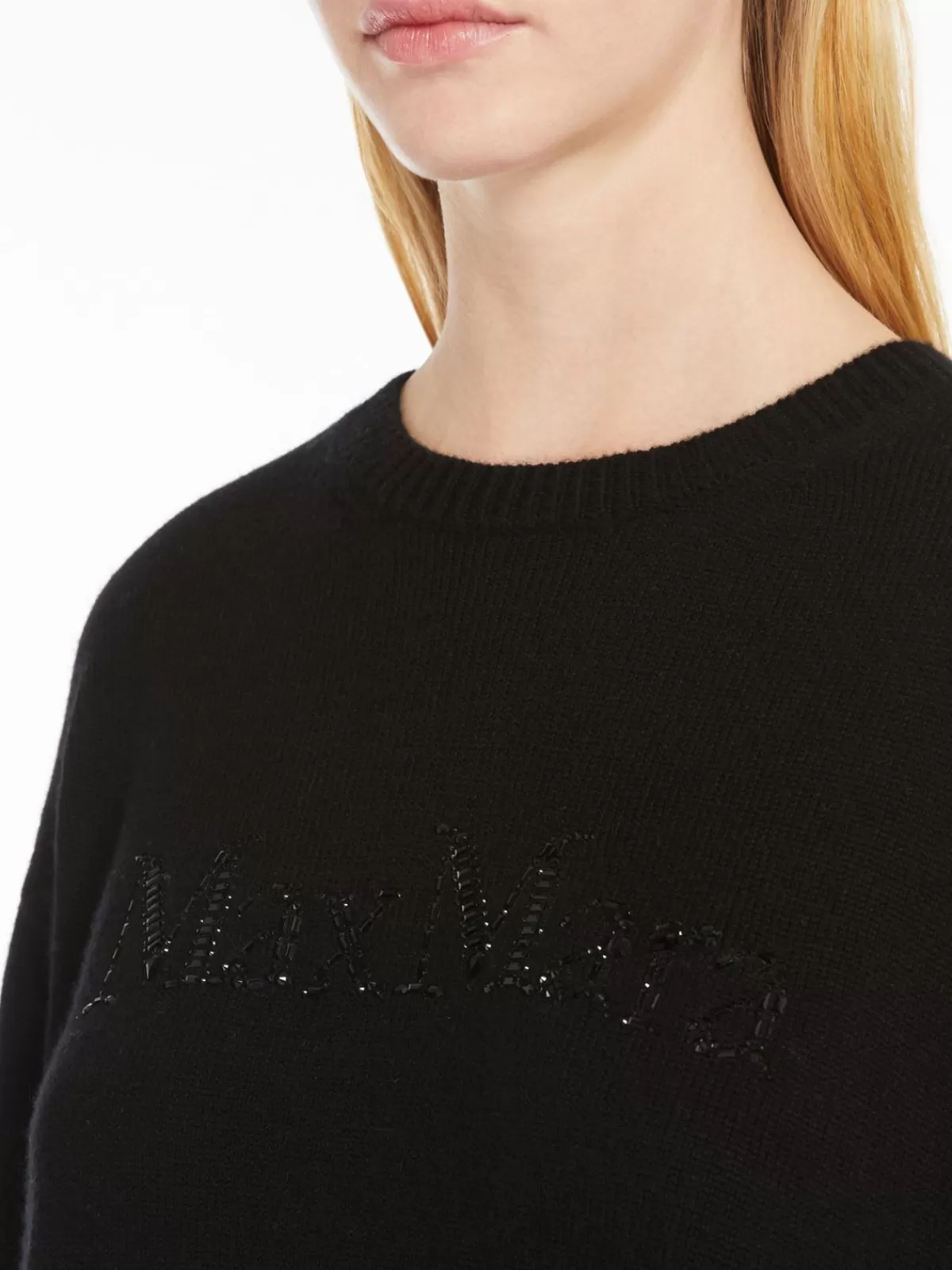Jersey clásico Max Mara en lana y cachemira - Detalle de logo en contraste / Color negro esencial
