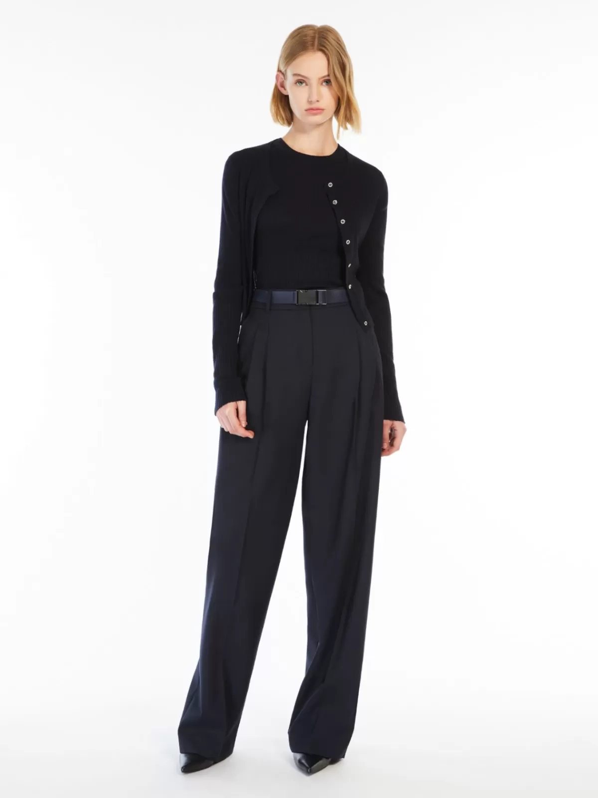 Sofisticada blusa de punto Max Mara en lana y seda - Azul Marino de calidad premium