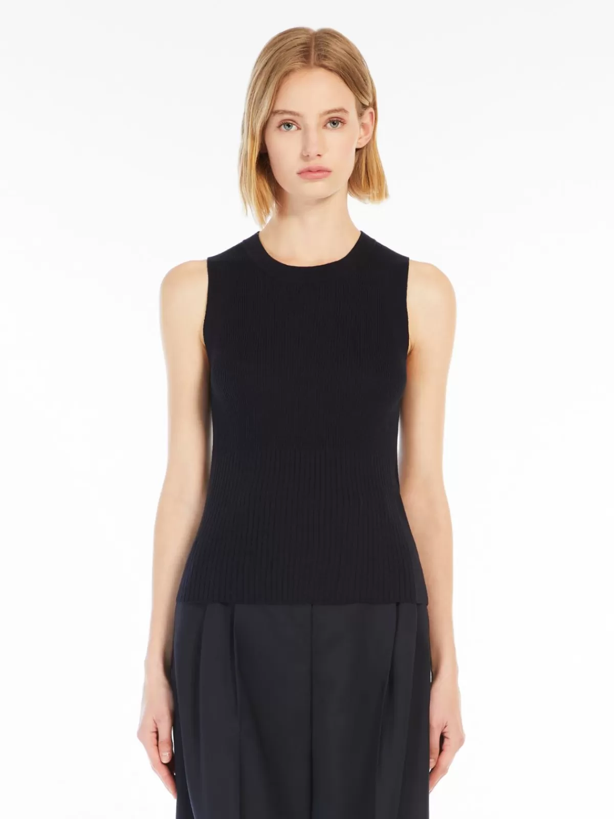 Sofisticada blusa de punto Max Mara en lana y seda - Azul Marino de calidad premium