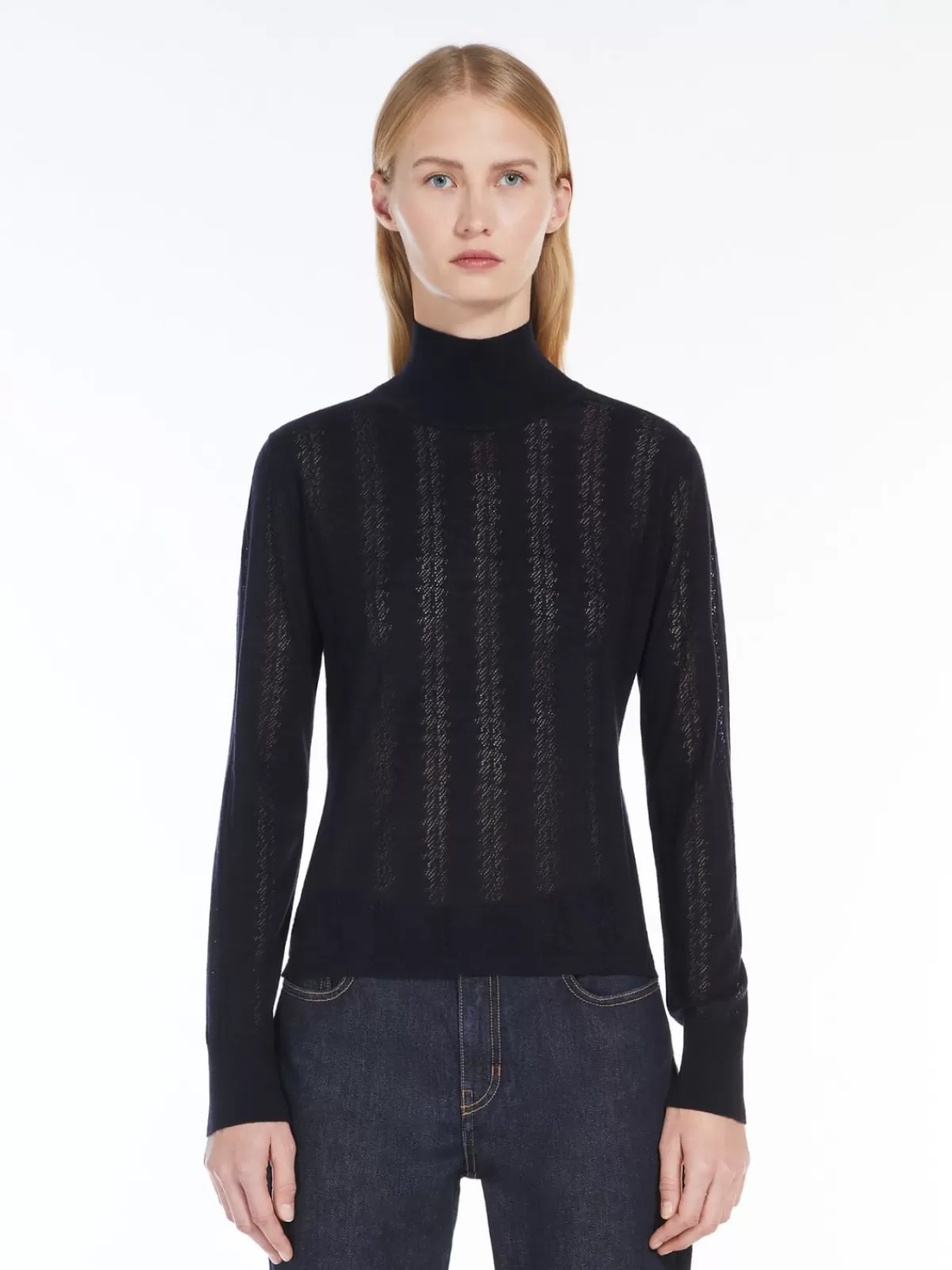 Jersey de cuello alto en lana y seda suave - Diseño clásico Max Mara para abrigo elegante - Azul marino intenso ideal para invierno con calidez refinada