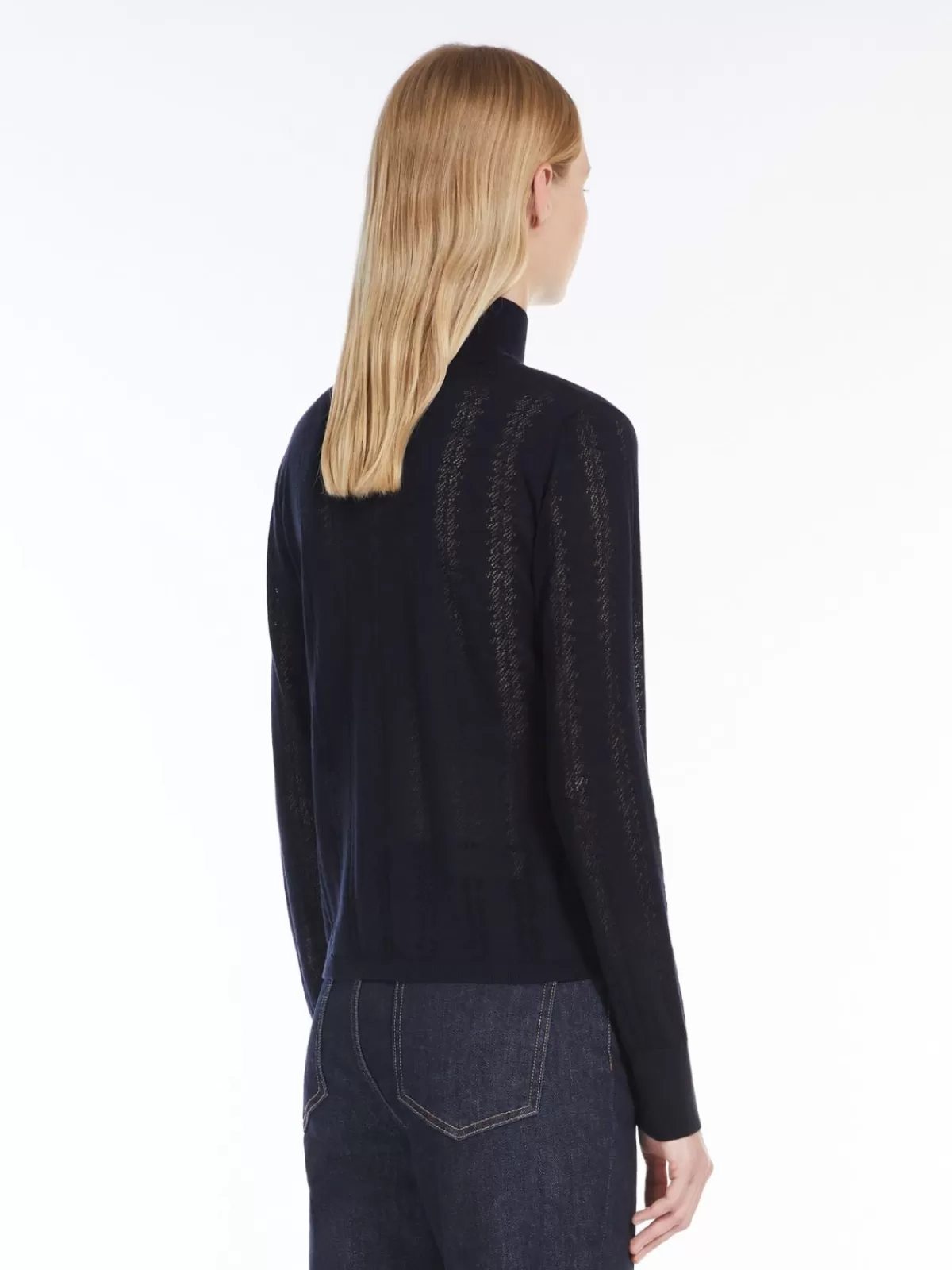 Jersey de cuello alto en lana y seda suave - Diseño clásico Max Mara para abrigo elegante - Azul marino intenso ideal para invierno con calidez refinada