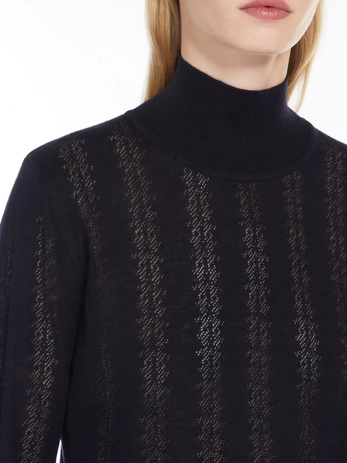 Jersey de cuello alto en lana y seda suave - Diseño clásico Max Mara para abrigo elegante - Azul marino intenso ideal para invierno con calidez refinada