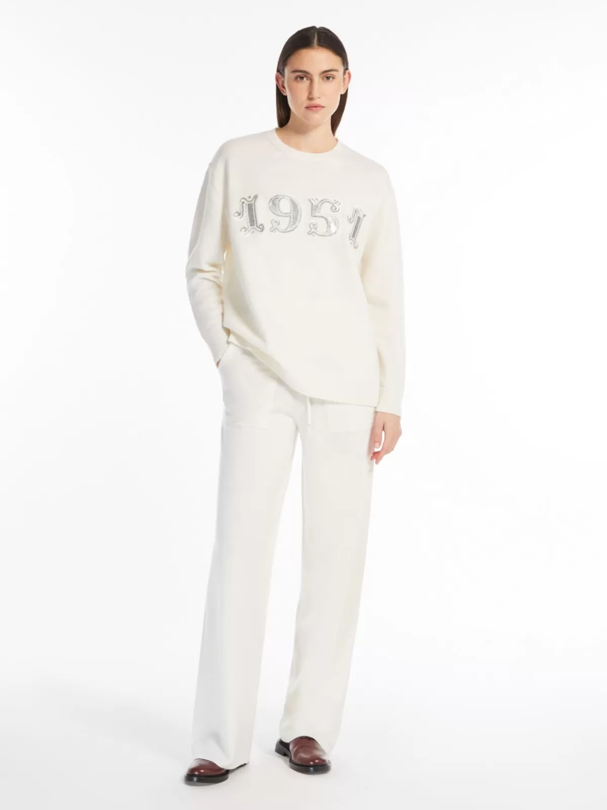 Jersey de invierno Max Mara en blanco hueso - mezcla suave de lana y cachemira con detalles de brillo discreto