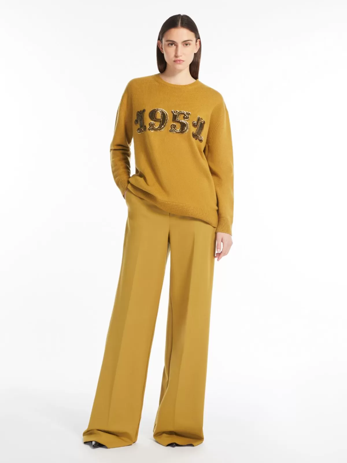 Jersey invernal Max Mara en lana y cachemira con destellos - Tono dorado arena